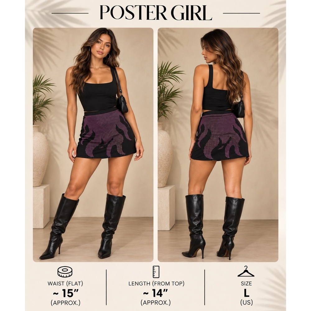Poster Girl Black Purple Rhinestone Flame Mini Skirt Size L Bodycon Clubwear
